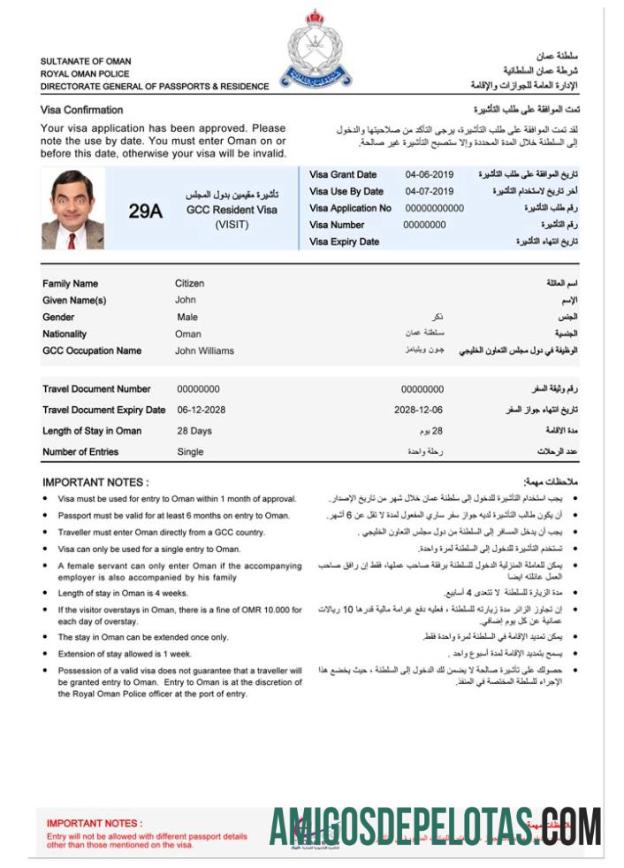 Visto E para Omã exemplo